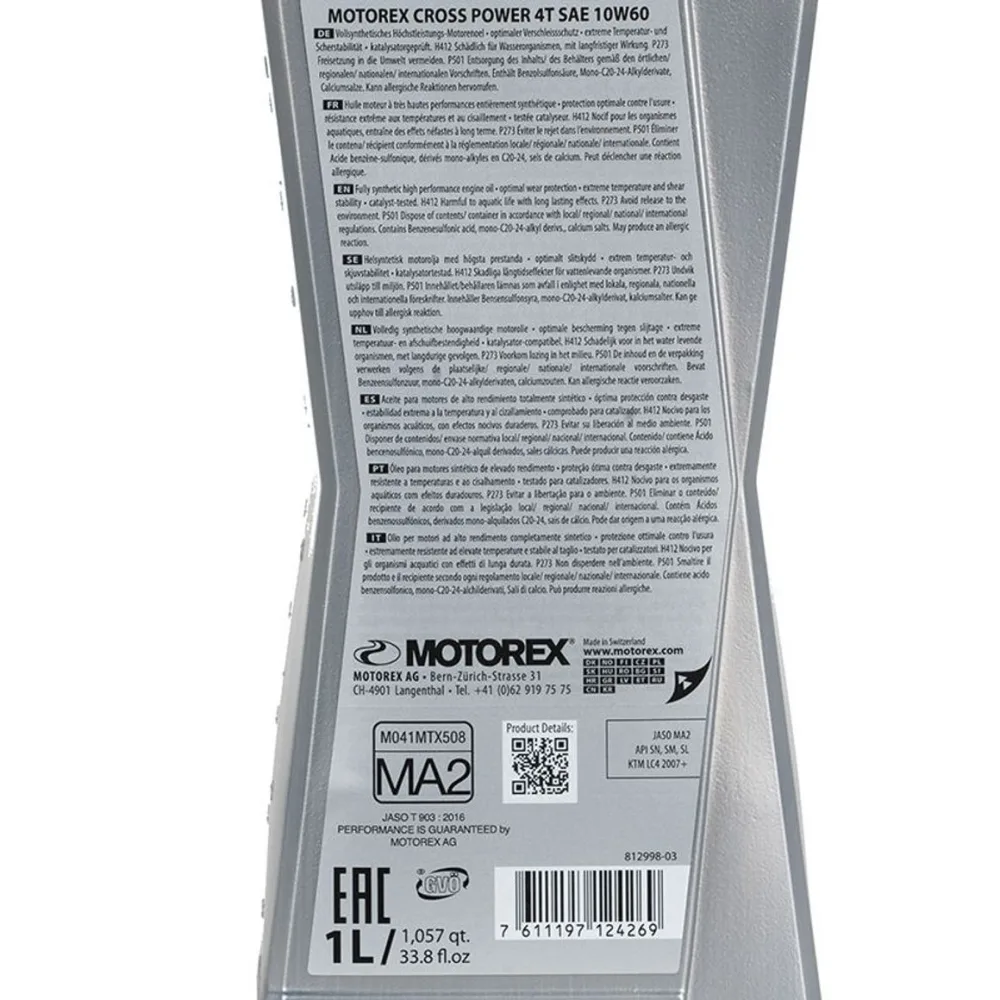 MOTOREX Huile moteur Cross Power 4T 10W60 Synthétique 1L